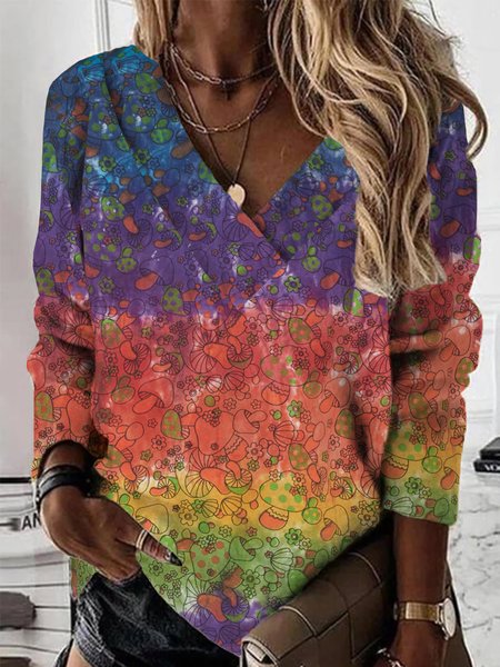 

Casual V Neck Mushrooms Sweatshirt, Multicolor, Hoodies & Sweatshirts