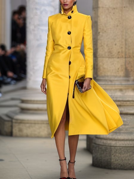 

Regular Fit Urban Regular Sleeve Plain Trench Coat, Yellow, Trench Coats
