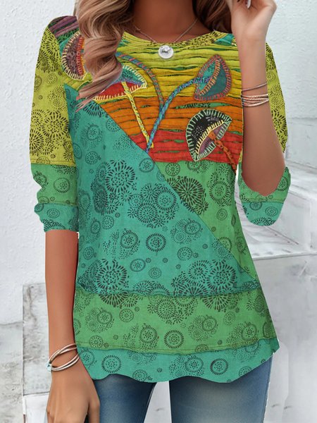 

Vintage Color Block Crew Neck Long Sleeve T-shirt, Green, T-shirts