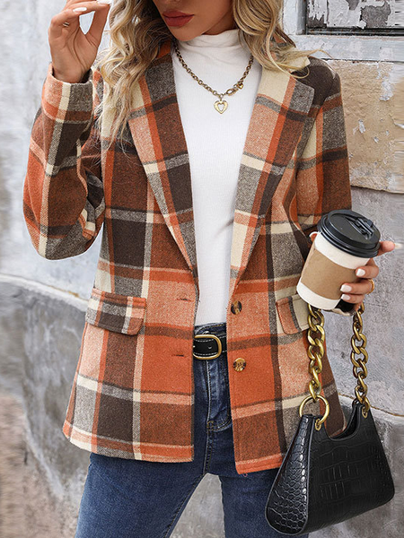 

Women's Spring/Fall Outerwear Casual Plaid Long Sleeve Lapel Collar Regular Blazer, Light coffee, Blazers