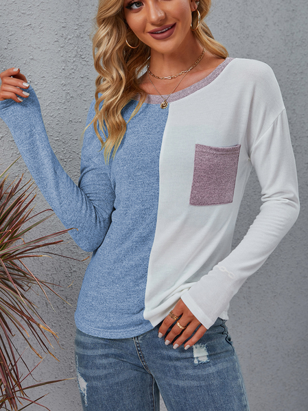 

Casual Color Block Crew Neck Long Sleeve T-shirt, Blue, T-shirts