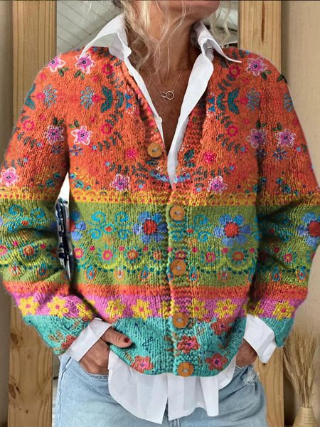 

Women's Vintage Contrast Floral Art Print Buttoned Cardigan Sweater, Orange, Cardigans