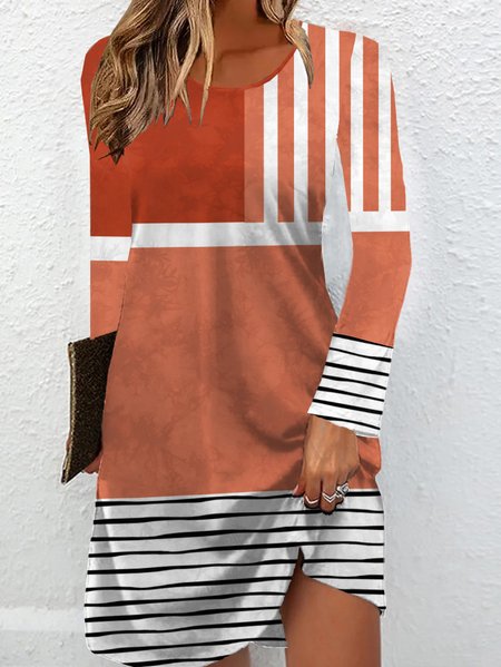 

Women Striped Crew Neck Long Sleeve Comfy Casual Mini Dress, Orange, Dresses