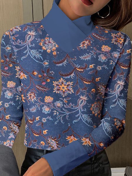 

Vintage Floral Mock Neck Long Sleeve T-shirt, Deep blue, T-shirts