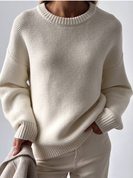 

Women's Spring/Fall Plain Casual Long Sleeve Crew Neck Wool/Knitting Sweater, White, Sweaters