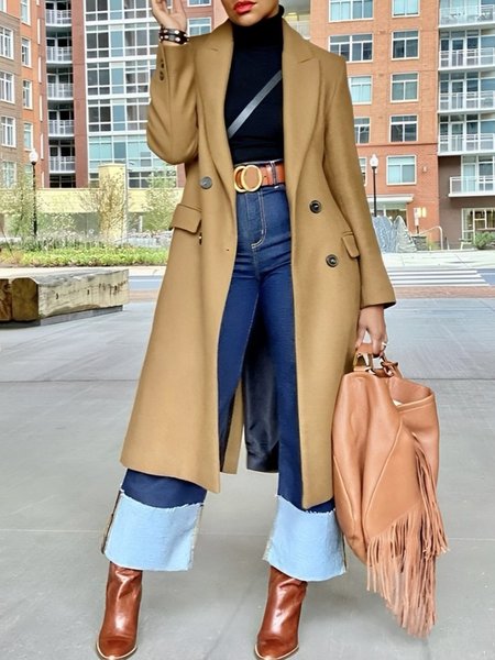 Plain Urban Lapel Collar Long Sleeve Buttoned Coat, Khaki, Coats