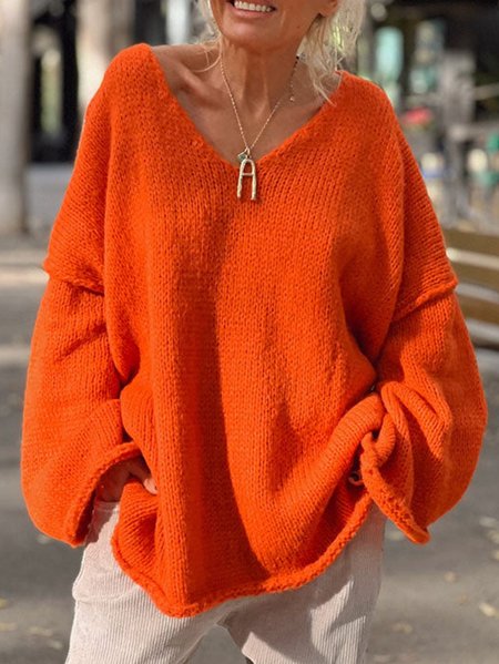 

Women Yarn/Wool Yarn Plain Long Sleeve Comfy Casual Sweater, Orange, Outerwear