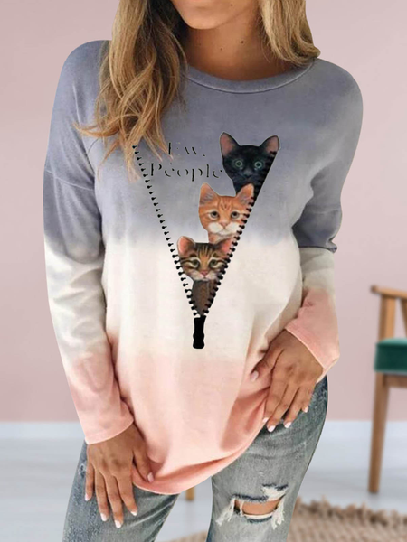

Crew Neck Long Sleeve Cat Regular Micro-Elasticity Loose Blouse For Women, Blue, Blouses