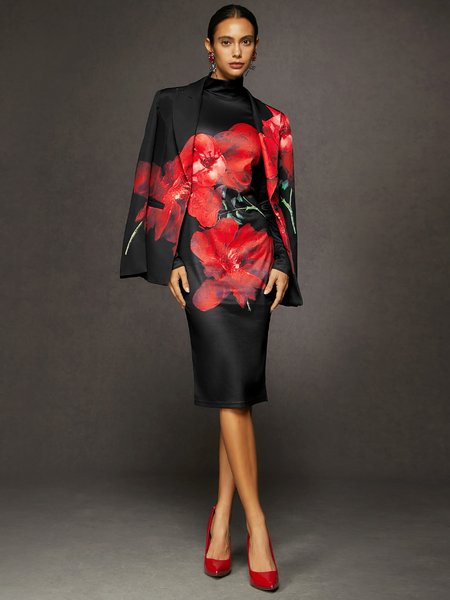 

Mock Neck Urban Floral Print Soft Dress, As picture, Midi Dresses