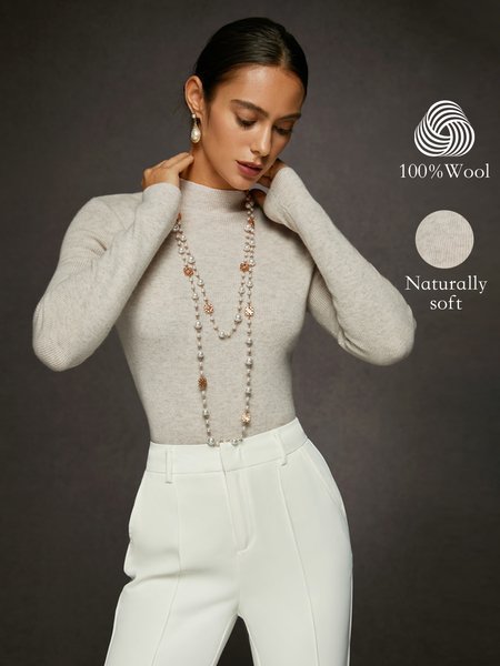 

Casual 100% Wool Plain Sweater, Apricot, Pullovers