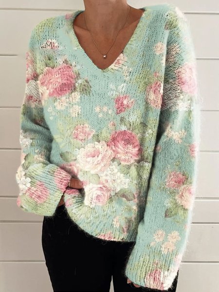 

V Neck Long Sleeve Floral Regular Micro-Elasticity Loose Blouse For Women, Green, Blouses