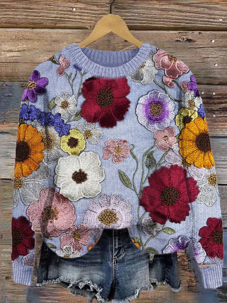 Simple Knitted Crew Neck 3D Printing Sweater, Purple, Sweaters