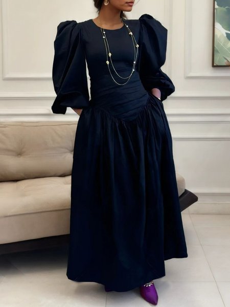 Plain Puff Sleeve Plain Urban Crew Neck Dress, Black, Maxi Dresses