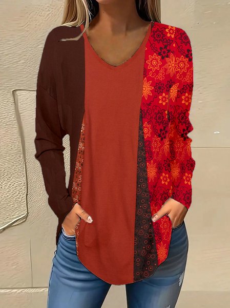 

Vintage Color Block V Neck Long Sleeve T-shirt, Red, T-shirts