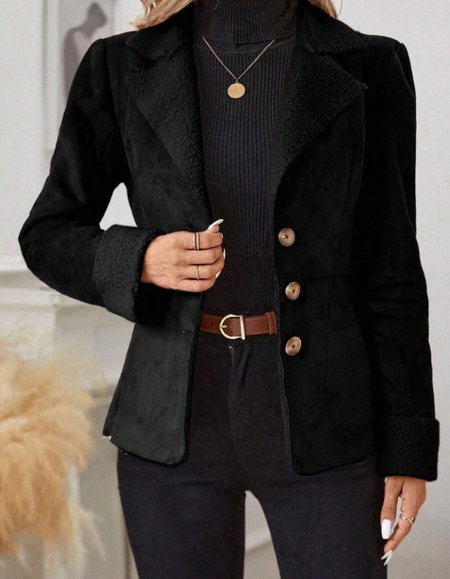 Women's Plain Thicken Loose Jacket, Black, Outerwear