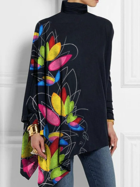 

Turtleneck Long Sleeve Floral Regular Micro-Elasticity Loose Cloak Blouse For Women, Black, Blouses