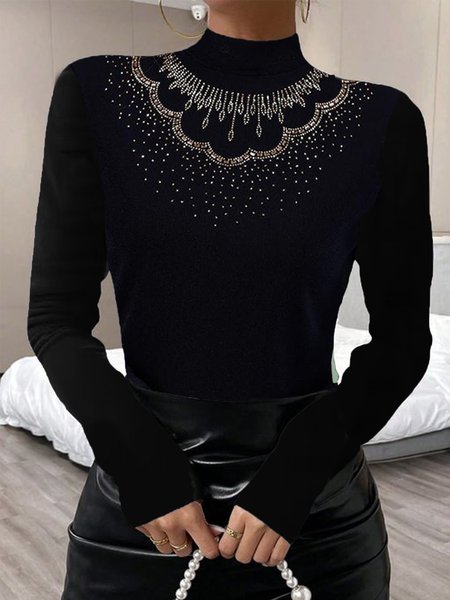 

Turtleneck Long Sleeve Plain Hot Drilling Regular Micro-Elasticity Loose Blouse For Women, Silver, Blouses