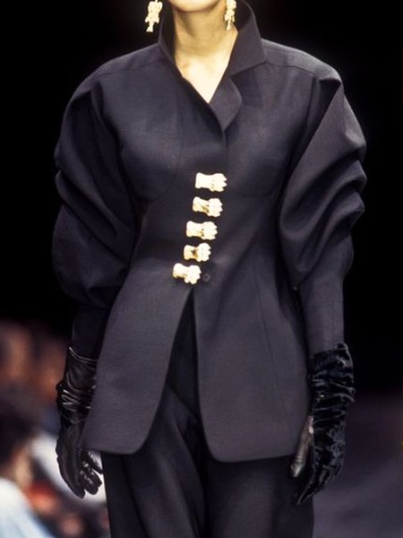 Buttoned Lapel Collar Urban Plain Long Sleeve Jacket, Black, Jackets