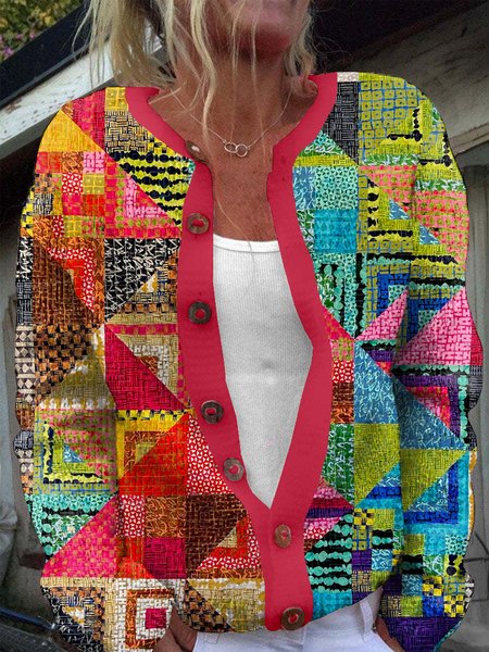 

Vintage Buttoned Loose Ethnic Cardigan, Multicolor, Cardigans