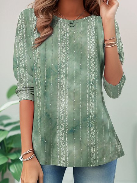 

Casual Ethnic Crew Neck Long Sleeve T-shirt, Green, T-shirts
