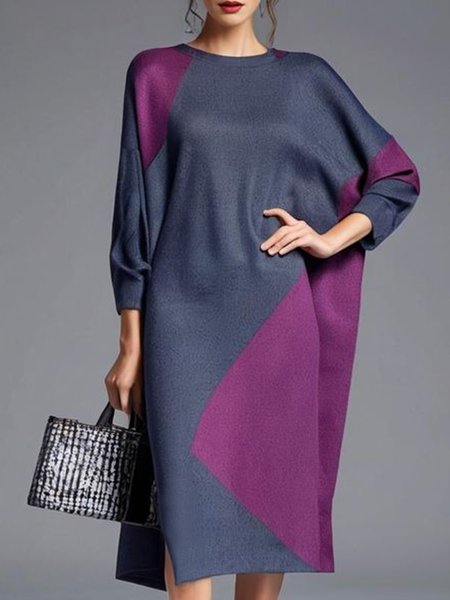 

Color Block Casual Crew Neck Sweater Dress, As picture, Midi Dresses