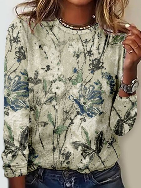

Floral Casual T-Shirt, As picture, Long sleeves