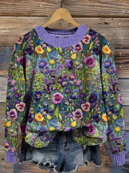 

Violet Wildflower Embroidery Art Cozy Knit Sweater, Purple, Sweaters