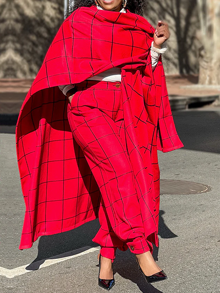 

Loose Urban Plaid Flutter Sleeve Kimono, Red, Poncho and Capes