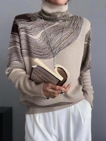 

Regular Sleeve Casual Turtleneck Loose Sweater, Apricot, Pullovers