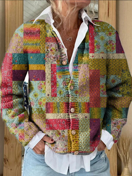 Women's Floral Art Patchwork Button Cardigan, As picture, Cardigans