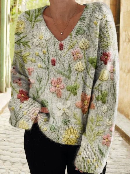

V Neck Long Sleeve Floral Regular Micro-Elasticity Loose Blouse For Women, As picture, Blouses