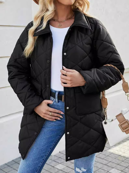 Women's Plain Thicken Loose Padded Jacket, Black, Outerwear
