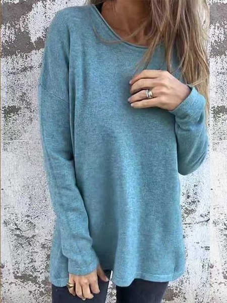 

Crew Neck Long Sleeve Plain Regular Micro-Elasticity Loose TUNIC Blouse For Women, Green, Blouses
