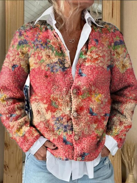 Women Floral Long Sleeve Comfy Casual Buttoned Cardigan, Pink, Outerwear