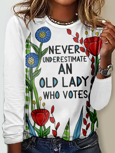

Casual Floral Crew Neck Long Sleeve T-shirt, White, Blouses