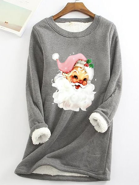 

Christmas Retro Pink Santa Print Casual Fluff Fleece Fabric Sweatshirt, Gray, Hoodies&Sweatshirts