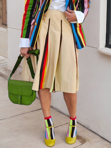 Striped Urban Knee Length Skirt, Khaki, Skirts