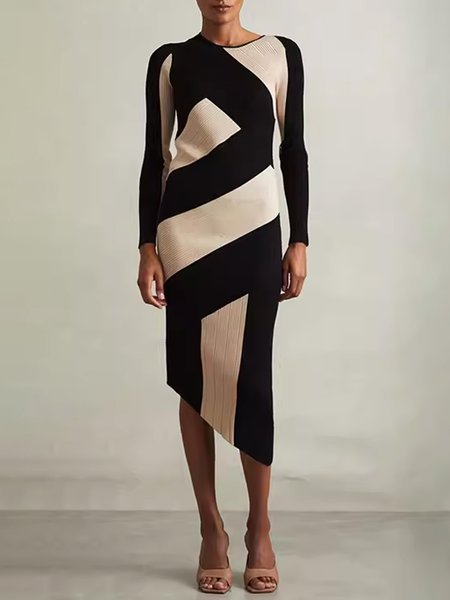 

Geometric Regular Fit Urban Regular Sleeve Sweater Dress, As picture, Midi Dresses