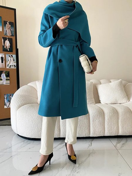 

Wrap Urban Regular Sleeve Plain Buttoned Wrap Coat With Belt, Blue, Coats