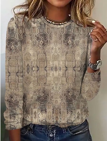 

Casual Geometric Crew Neck Long Sleeve T-shirt, Khaki, T-shirts