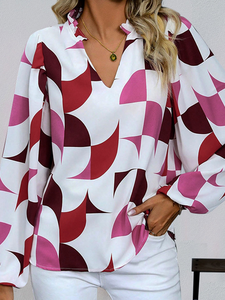 

V Neck Long Sleeve Geometric Regular Micro-Elasticity Loose Blouse For Women, Wine red, Blouses