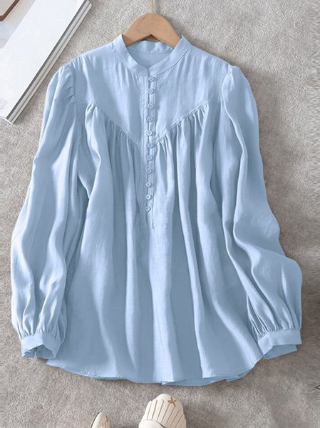 Cotton Half Open Collar Vacation Shirt, Blue, Blouses & Shirts