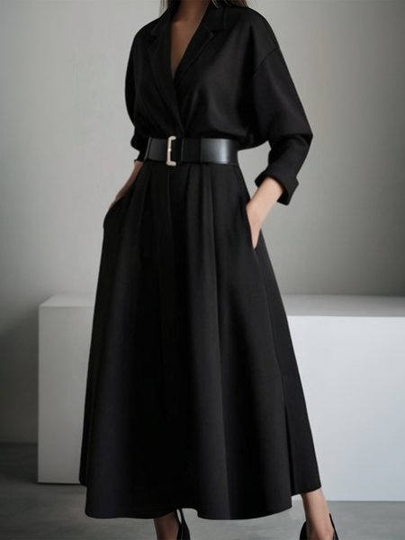 Lapel Collar Urban Raglan Sleeve Loose Midi Dress With No Belt, Black, Midi Dresses