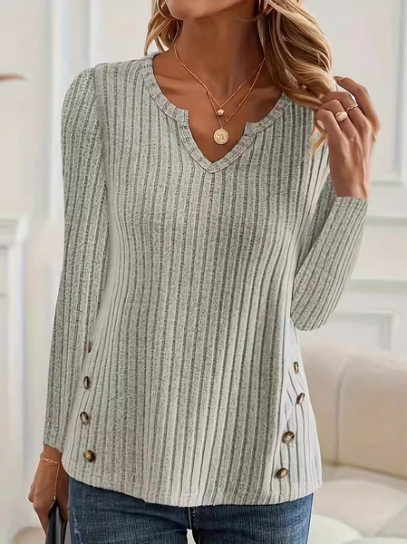 

V Neck Long Sleeve Plain Regular Micro-Elasticity Loose Blouse For Women, Green, Blouses