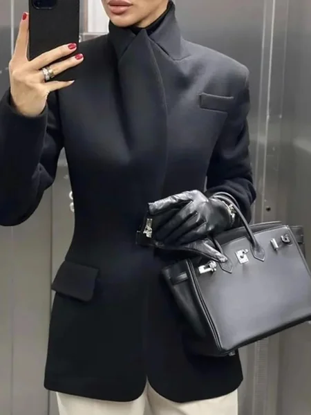 

Plus Size Lapel Collar Plain Urban Regular Fit Blazer, Black, Plus Outerwear