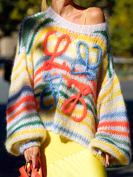 

Women Yarn/Wool Yarn Striped Long Sleeve Comfy Casual Sweater, Multicolor, Sweaters