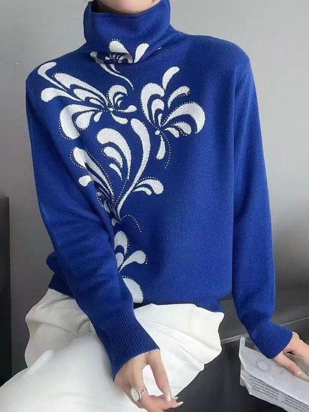 

Loose Casual Regular Sleeve Sweater, Blue, Pullovers
