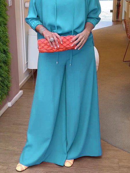 

Casual Plain Loose Wide leg Pants, Blue, Pants