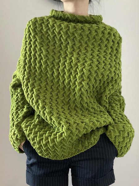 

Long Sleeves Plain Mock Neck Casual Sweater, Green, Pullovers