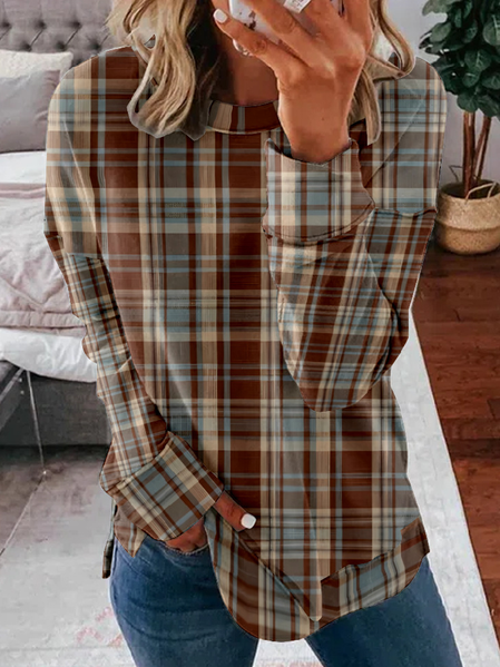 Casual Crew Neck Plaid Sweatshirt, Brown, Hoodies & Sweatshirts